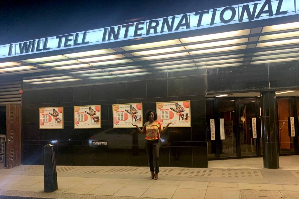 Home 32 Jenny Lee poses outside the I Will Tell International film festival London venue.